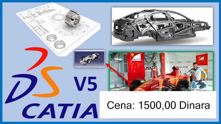 Na slici je logo i ds catia v5 sa modelom odradjenim u programu za uslugu "Instalacija DS Catia V5" sa cenom od 1500 dinara.