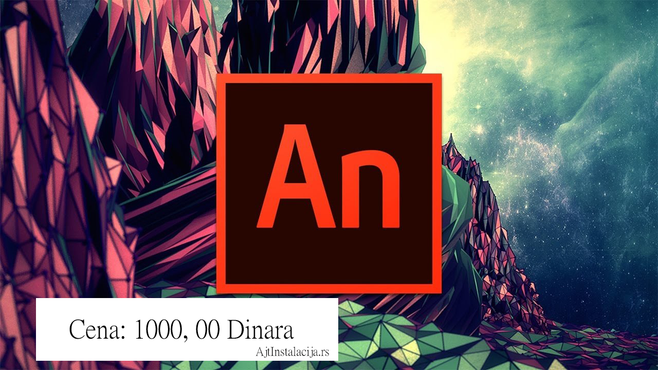 Na slici se nalazi animacija uradjena u adobe animate-u sa njegovim logom i cenom od 1000 din za uslugu "Instalacija Adobe Animate" po ceni 1000 din.